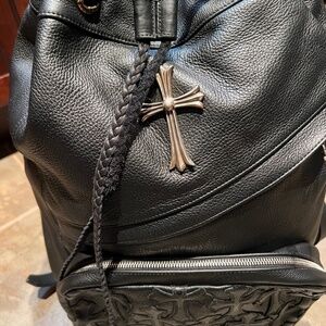 Chrome Hearts Black Leather Backpack w/ drawstring closure & cross patch pocket